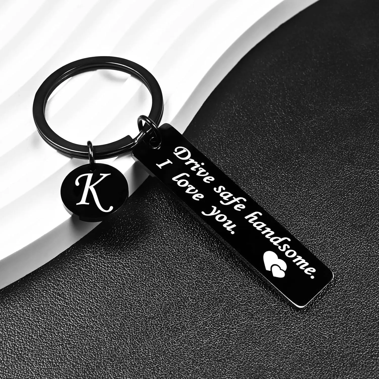 Personalized Keychain with Modern Steel Initial Letter, Engraved Safe Driving Charm, Ideal Gift for Him, Boyfriend, and New Driver, Gifts For Him, Boyfriend Gifts