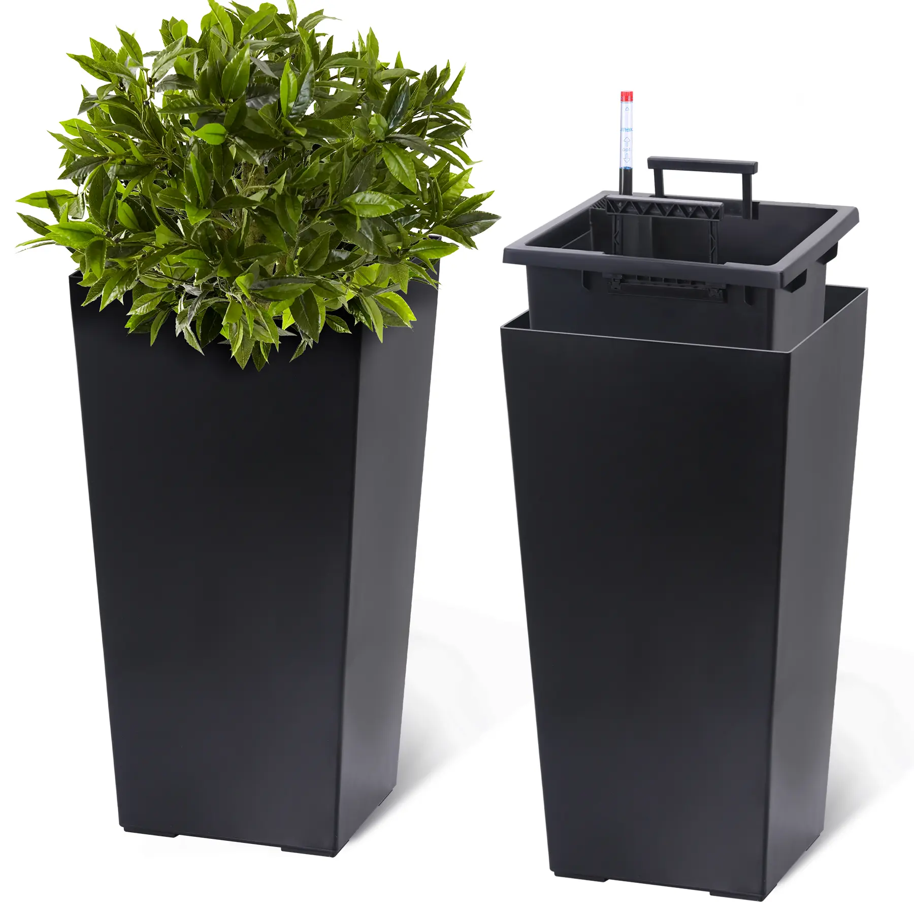 Modern Tall Black Planters Set of 2 - 16" Self-Watering Plant Pots with Drainage Holes and Water Level Gauge - Removable Inner Bucket for Indoor & Outdoor Use - Ideal for Porch, Patio, Garden