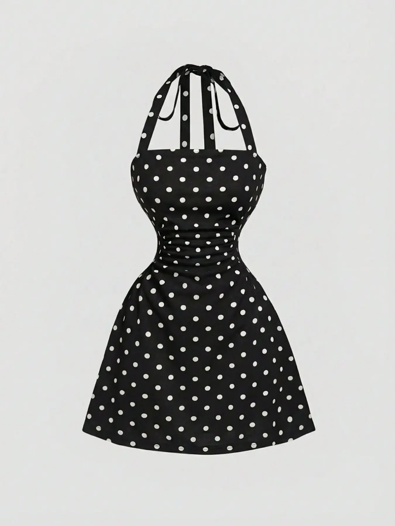 Women's Polka Dot Halter Mini Dress, Backless Waist Cinched Pleated A-Line Short Dress, Y2K Party Dress for All Seasons