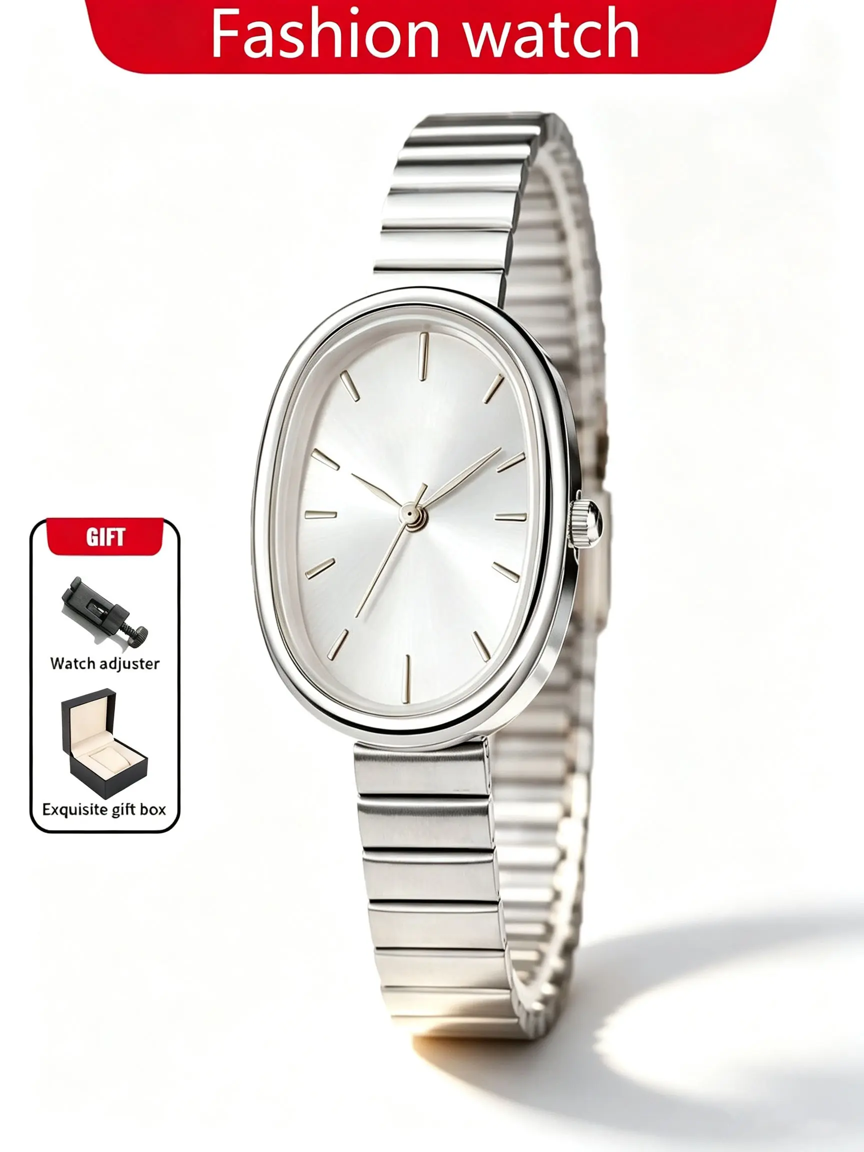 Women's Elegant Fashion Watch, Minimalist Silver Oval Dial Stainless Steel Bracelet Watch, Luxury Everyday Wristwatch Gift for Her with Gift Box