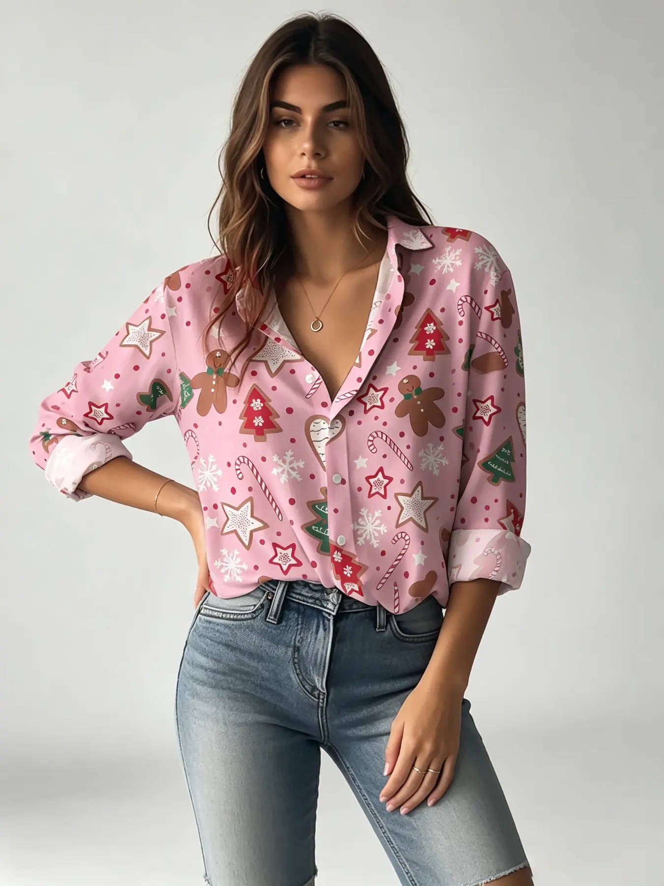 New Women's Light Gingerbread Man Christmas Tree Snowflake Print Blouse, Sweet Cartoon Christmas Collar Long Sleeve Shirt