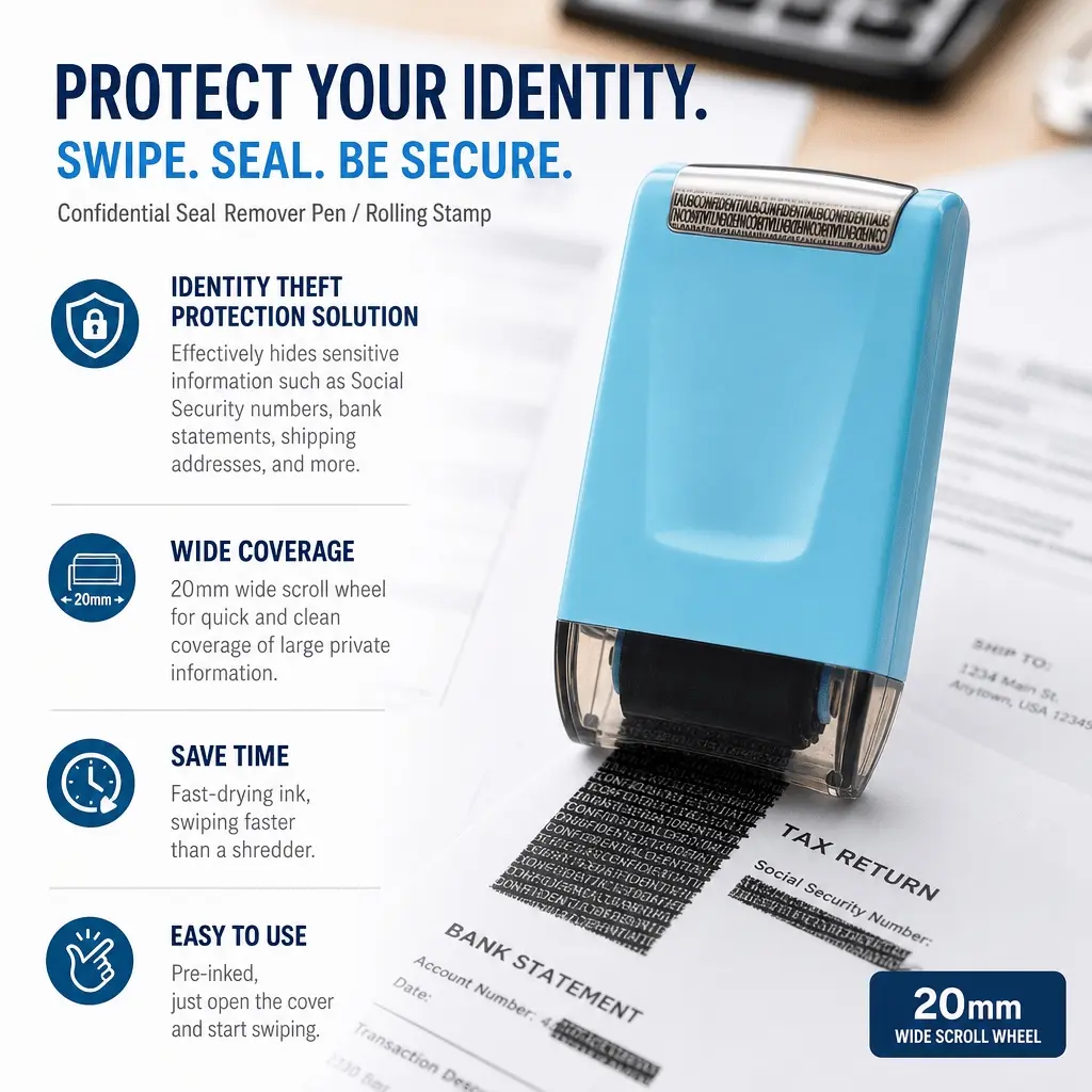 Reusable Metal Roller Privacy Stamp, Anti-Peep Ink, Document Security for Home Office, Medical Bills, Identity Protection, Multi-Scene Use