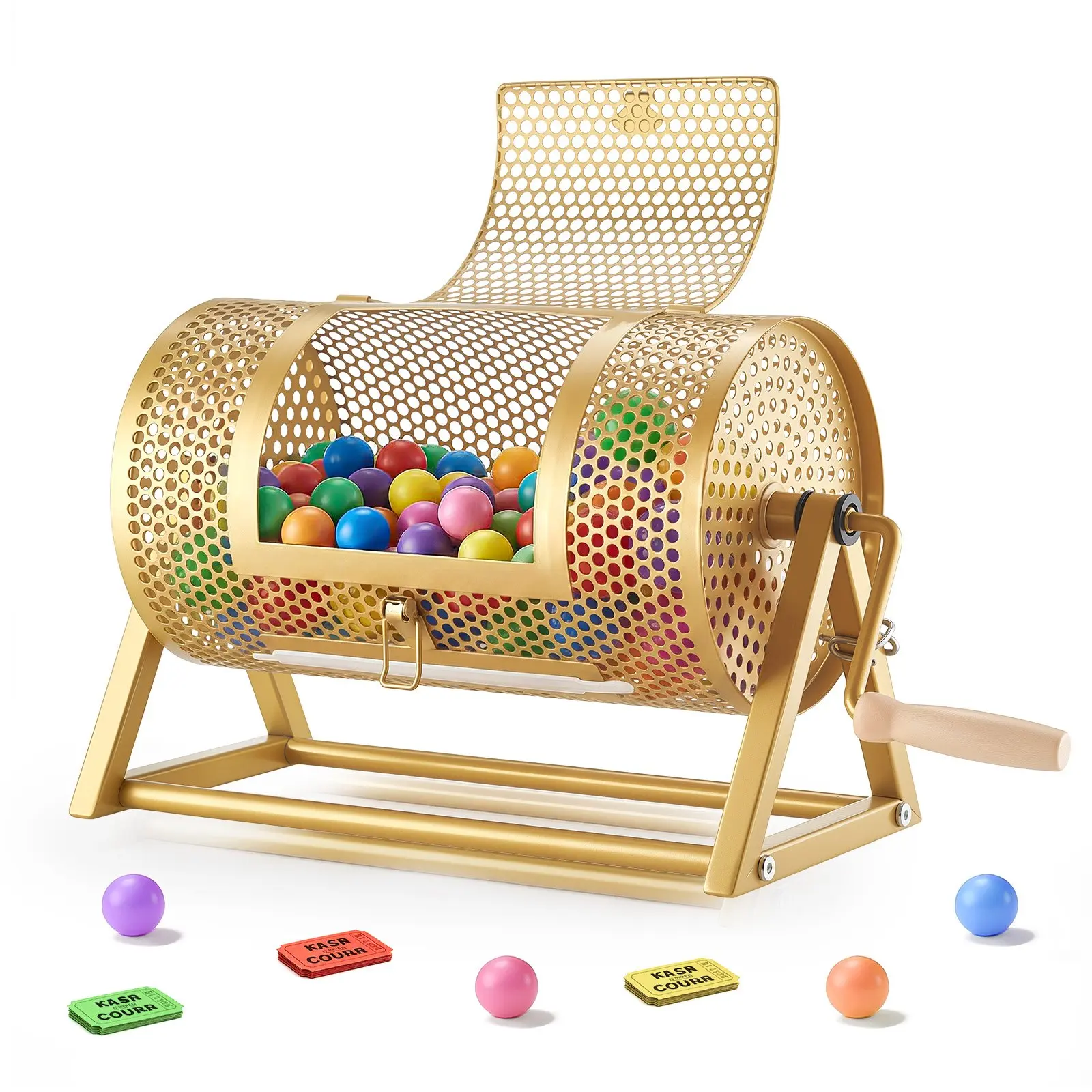 VEVOR Raffle Ticket Spinner, 11.6 x 6.6 in, 3.06 lbs Durable Raffle Drum Lottery Spinning Cage with Reinforced Handle, Stable Triangular Stand, Holds 2500 Tickets or 100 Ping Pong Balls, Easy to Use for Parties, Gold