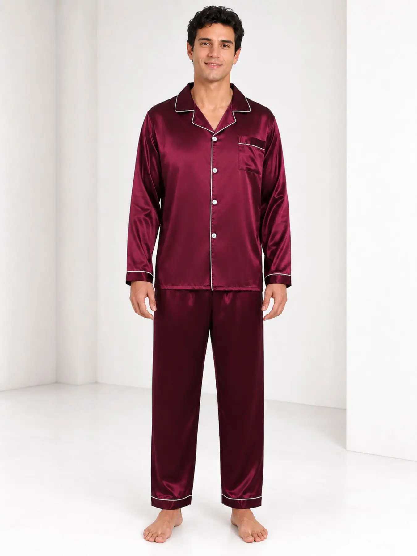 Men's Wine Solid Satin Feel Long Sleeve Pants Pajama Set, Lapel Button Loose Home Wear Two-Piece Set, Fall & Winter Fashion