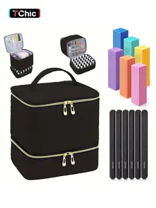 Double Layer Quilted Nail Polish Storage Bag with 12pcs Nail Files and Buffers Set, Portable Nail Art Organizer, Nail Supplies Organizer, Professional Manicure Tools Kit 100/180 Grit, Makeup Organizer Pouch for Women and Girls