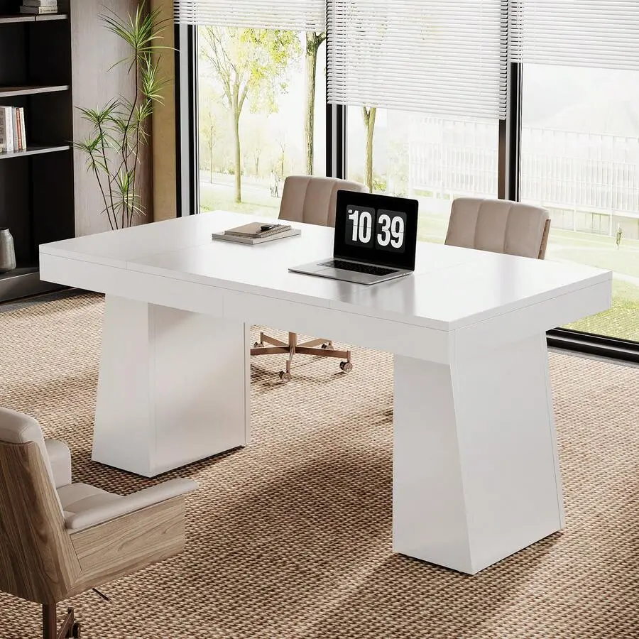55 Inche Executive Desk, Mid-Modern Home Office Desk, Wood Computer Table Business Workstation Small Conference Table, White