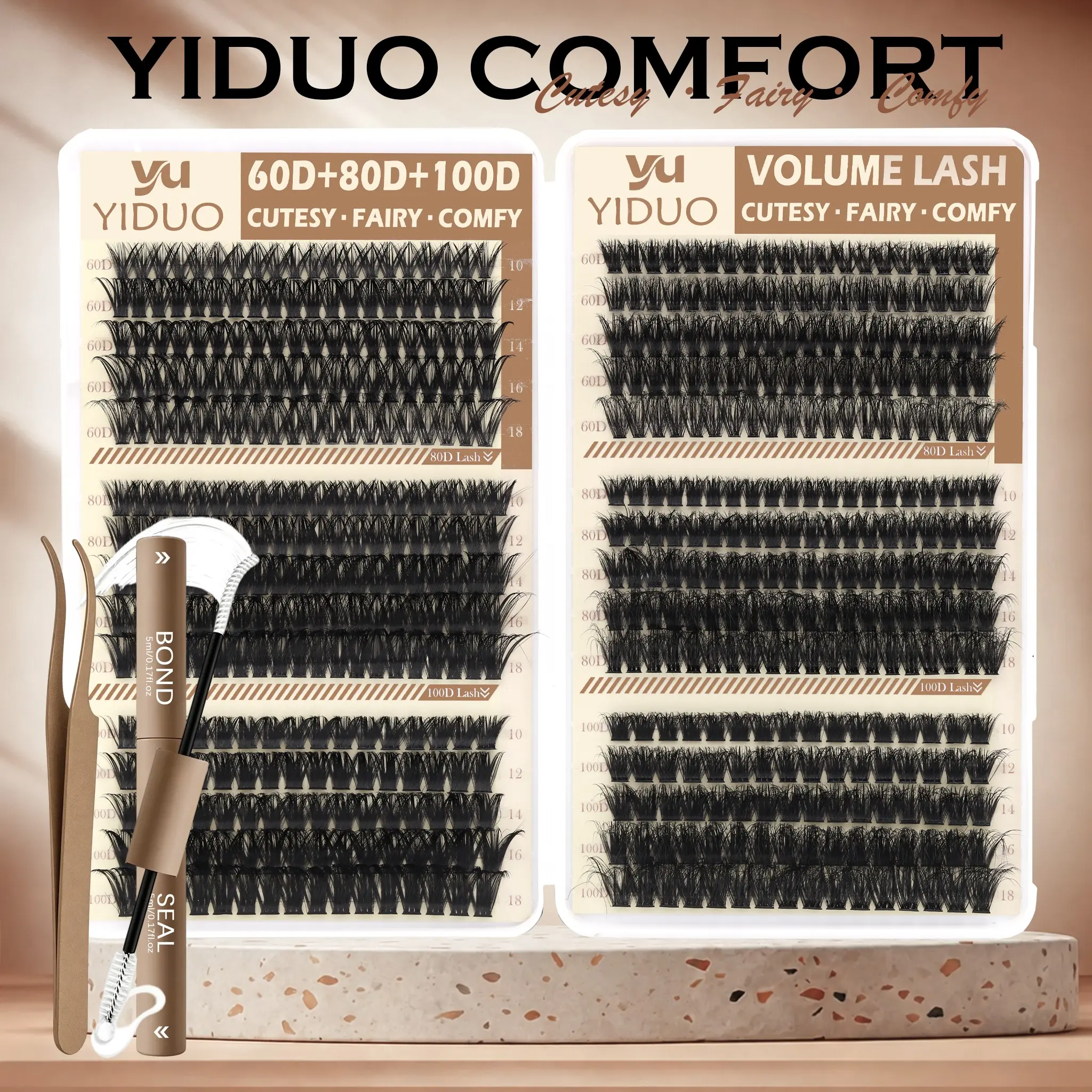 YIDUO DIY Lash Extension Kit  Volume Lash Clusters,10-18mm  6 Styles Individual Cluster Eyelashes Set, Lash Clusters Kit with 2 in 1 Bond Seal Glue & Applicator Tweezers for Home Eyelash Extensions