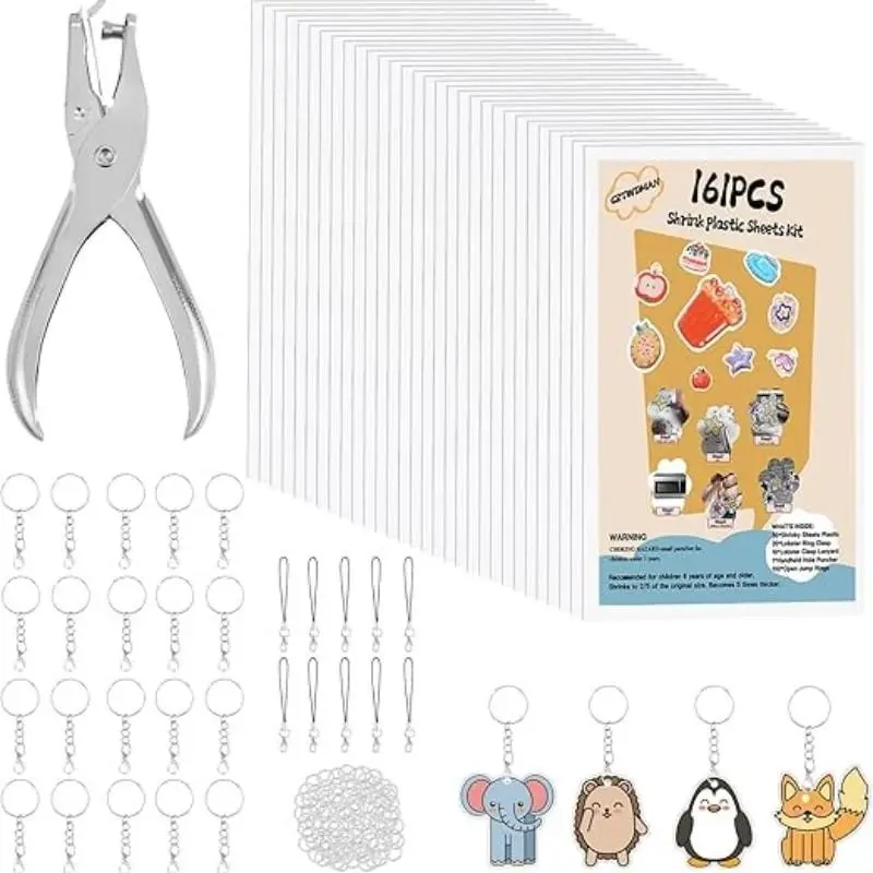 Shrinky Dinks Shrink Plastic Sheet DIY Craft Kit with Hole Punch, Lobster Claw Clasps & Key Rings | Make Custom Keychains, Earrings & Bag Charms, Beginner Art Supplies for Kids Adult Weekend Handmade Gift Craft Projects, DIY Accessories Set