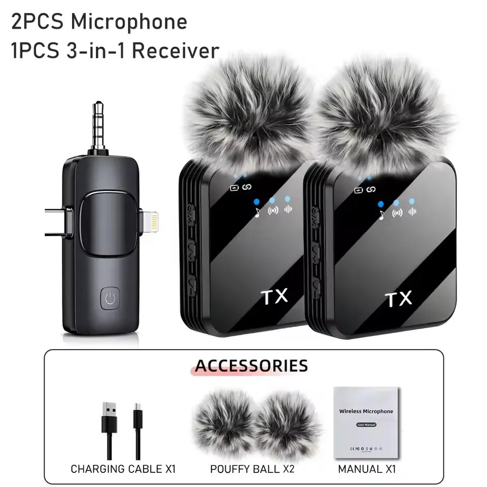 2-Pack Wireless Lavalier Microphone for iPhone Android and Camera, Dual Mini Lapel Mic with 2.4G Transmission, DSP ANC Noise Cancelling, Plug and Play Audio for Interviews, Vlogs, YouTube, TikTok Live and ASMR