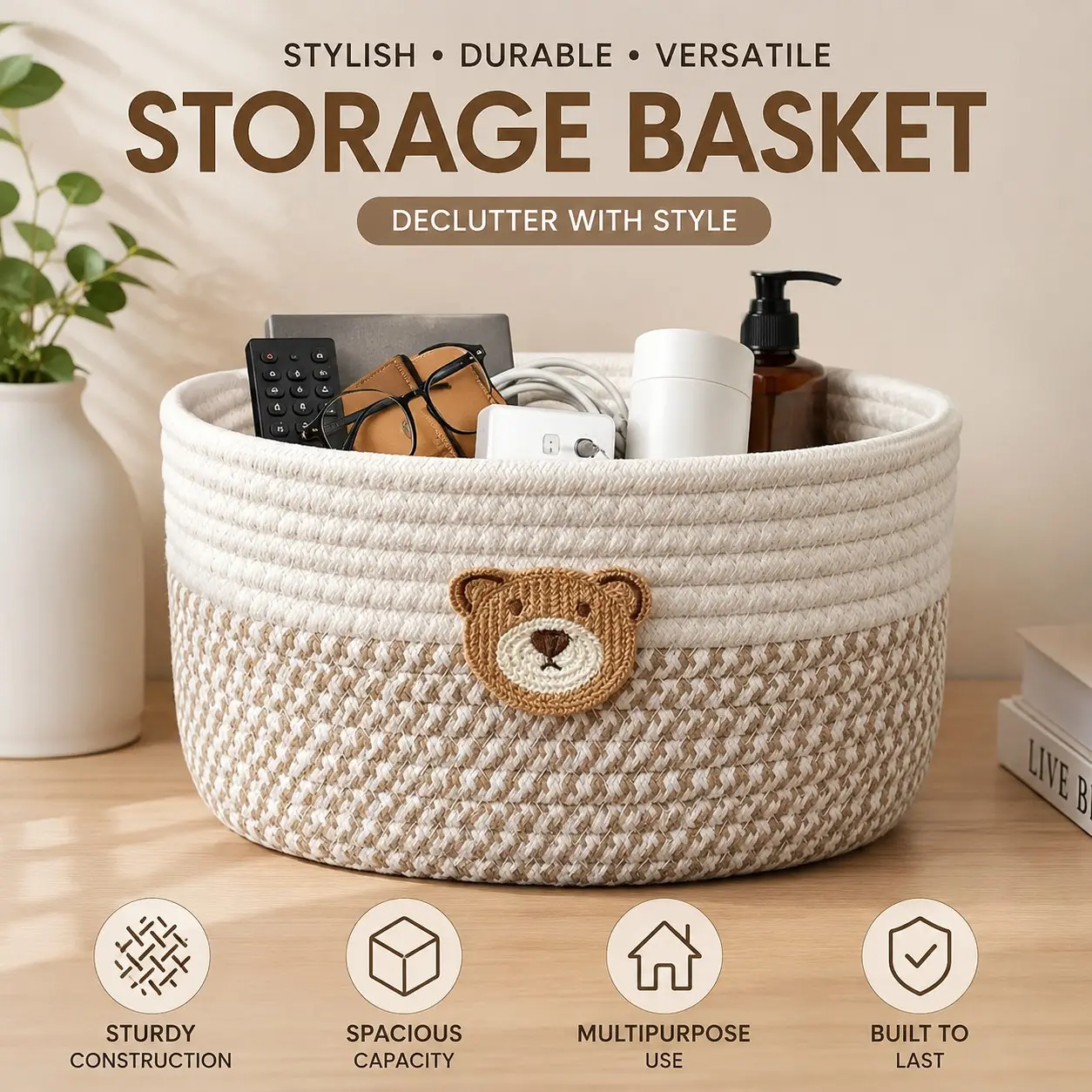 3pcs Woven Storage Basket Set, Decorative Organizer Bins for Bathroom, Bedroom, Living Room, Shelf & Countertop Storage, Rope Containers