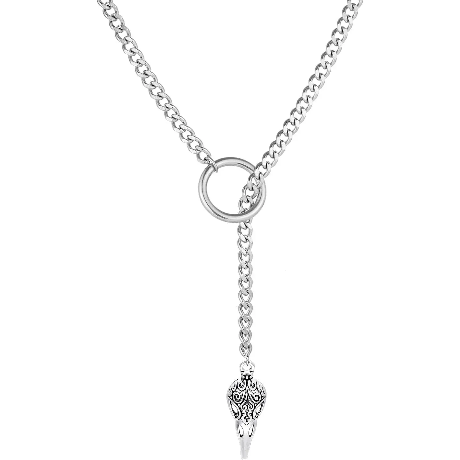 Heart O Ring Slip Chain Choker Necklace for Women Men Stainless Steel Cuban Chain Y-shape Necklaces Punk Rock  Adjustable Lariat Y Necklace Prom Necklaces