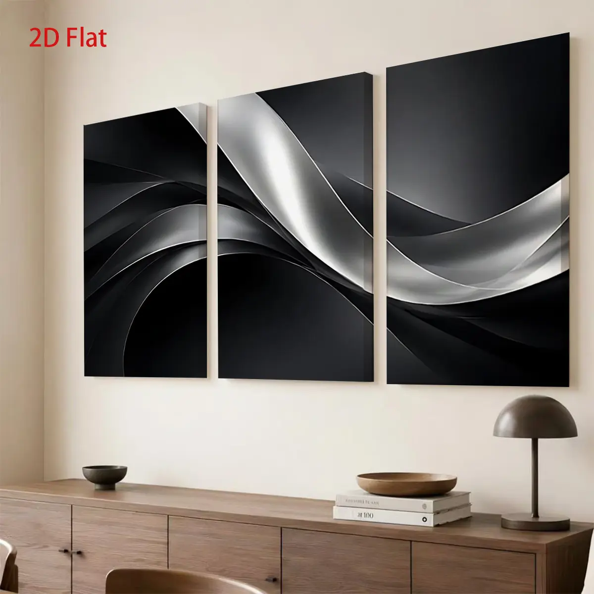 Artistic 3-Piece Black & Silver Flowing Abstract Curves 2D Flat Wood Canvas Wall Art Set, Waterproof Prints, Box Packed, Ready to Hang, Home Decor Gift for Father's Day, Aesthetic Room Decor