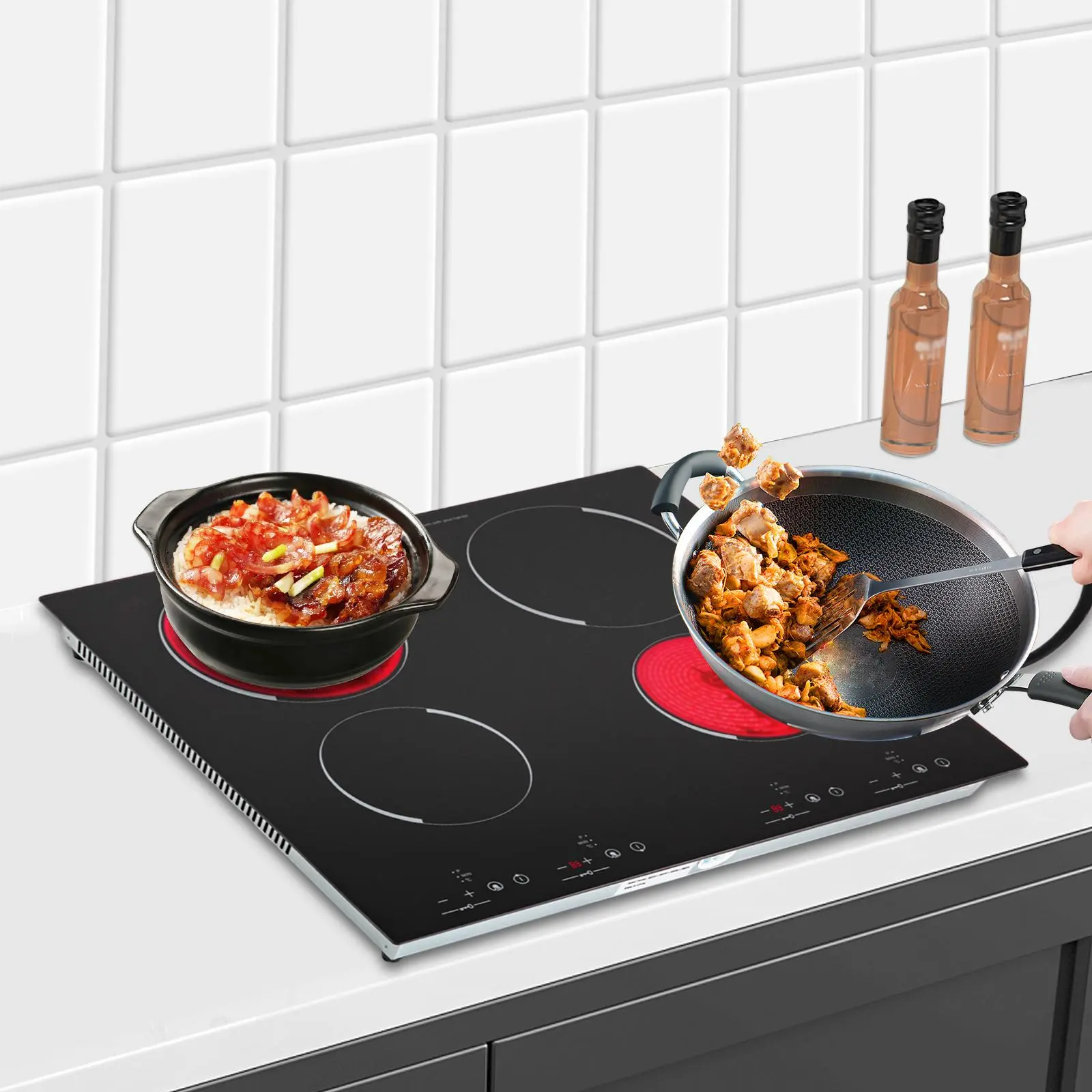 110V Rectangular Microcrystal Electric Ceramic Cooktop with Plug - 2/4 Burners 51*28.8cm Steel Hob, Child Lock, Sensor Touch Control, 9 Heating Levels, High Power Household Appliance for Cabins, 1 Waterproof Sticker, 1.25m/4.10ft Cable