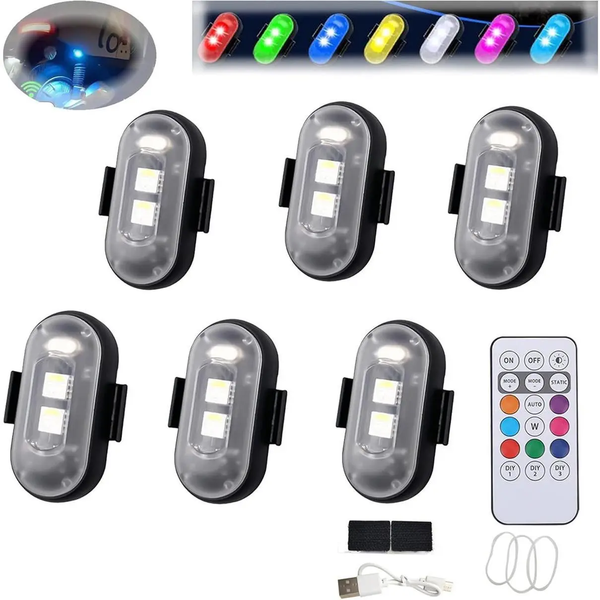 Compact RGB LED Aircraft Warning Flash Bicycle Light Set - Wireless Remote Control, IP65 Waterproof, Velcro Strap, USA-Designed, 7m Range, 8 Colors, 10 Modes, Vehicle Accessories for Biking, Car & Motorcycle Interior Emergency Use, Vibrant