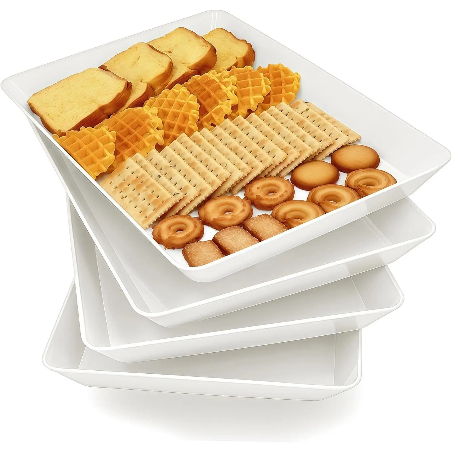 4 Pack BPA Free Large White Plastic Serving Tray Platter for Veggie Fruit Snack Dessert Cookie Cheese, Ideal for Party Food Display Supplies