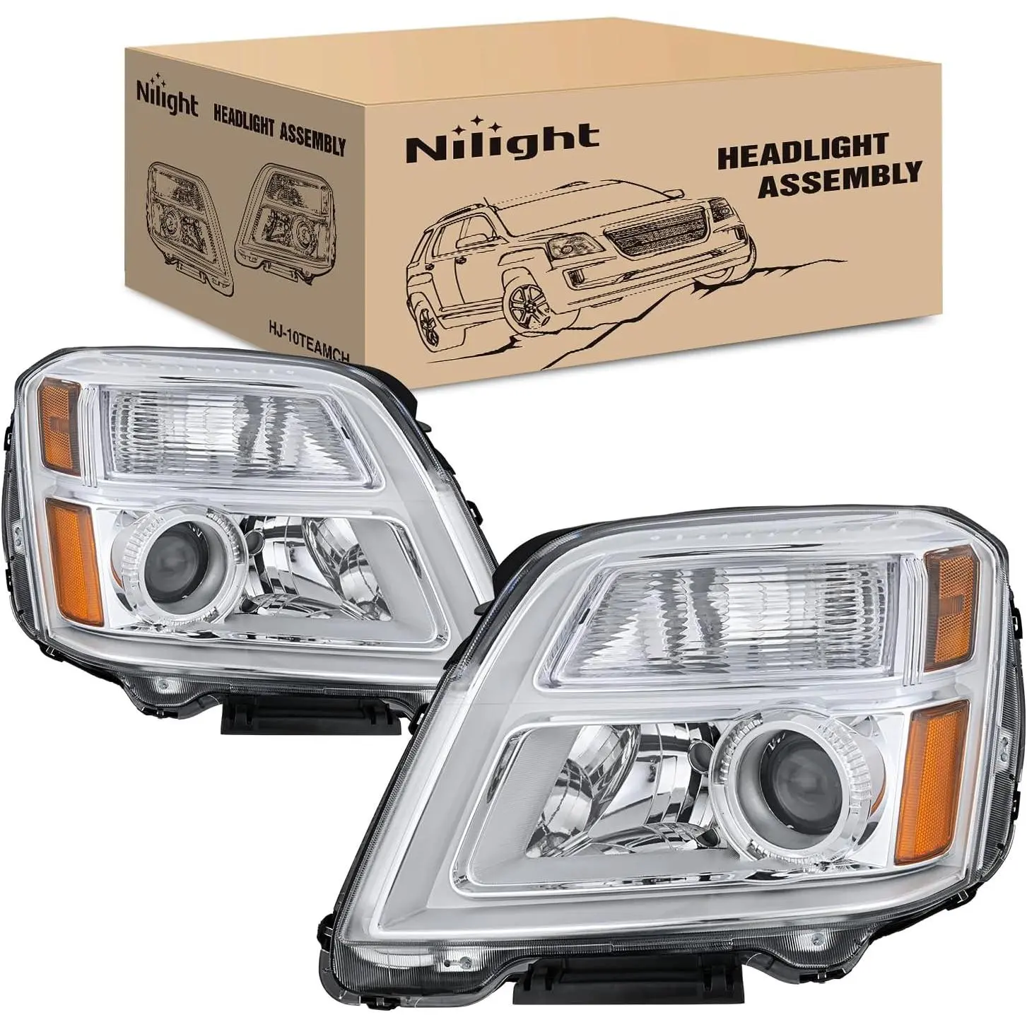 Nilight Halogen Projector Headlight Assembly, OE-Style Replacement for 2010-2015 GMC Terrain, Chrome Housing, Amber Reflector, Driver & Passenger Side Headlamps