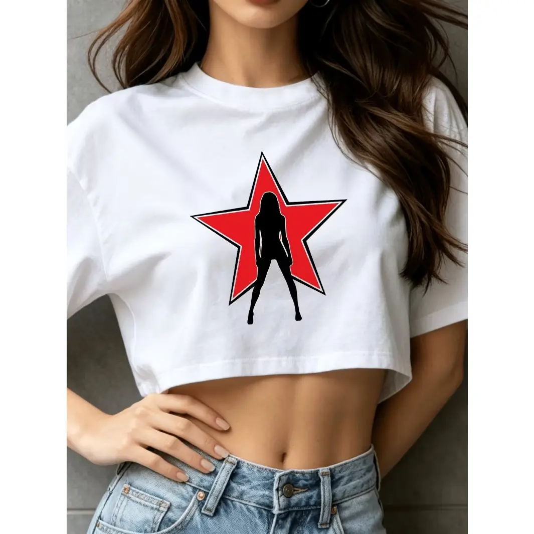 Y2k Red Star Girl Silhouette Graphic Crop Top Women White Casual Short Sleeve T Shirt Summer Streetwear Aesthetic Soft Comfortable Daily Outfit For Teen Girls