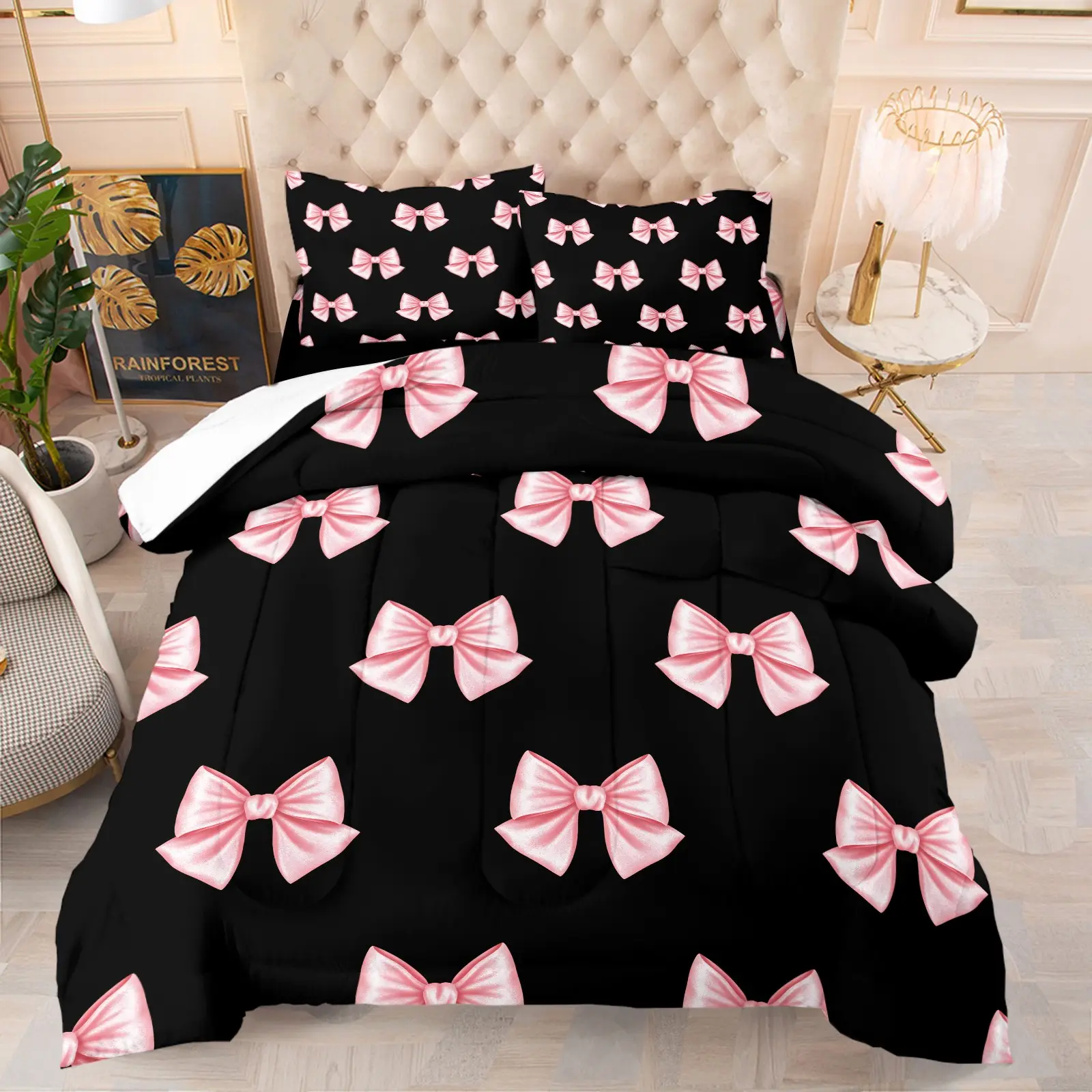 Sweet Black Pink Coquette Bow Aesthetic Comforter Set, Soft Breathable Girly Themed Bedding, 1 Comforter + 1-2 Pillowcases, Lovely Gift for Teen Girls, Twin/Full/Queen Size for Bedroom Dorm