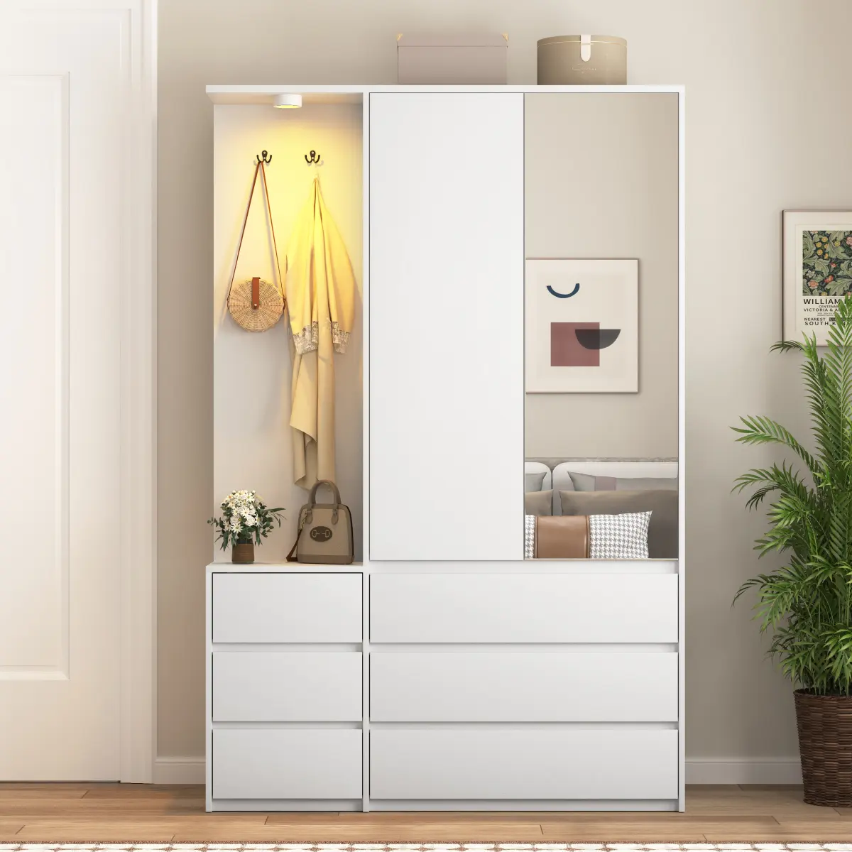 71.7" H White Particle Board Wardrobe with 2 Doors, 6 Drawers - Modern Storage Cabinet with Adjustable Shelves, Hanging Rod, Anti-Tip Device, Easy Setup, Wall Anchored for Bedroom, Guest Room