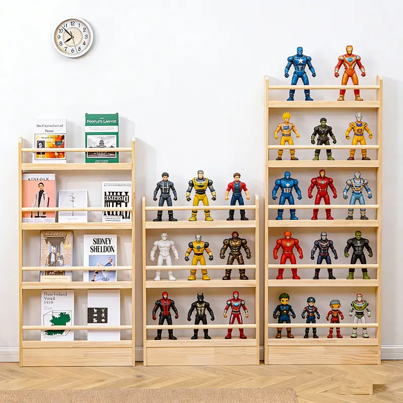 2/3/4 Tier Solid Wood Display Rack for Action Figures and Books,Freestanding Against Wall Shelf - Organize Your Collection with Style and Functionality,space saving Wooden Room