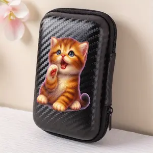 A beautiful and cute orange cat pattern storage box, essential for office and travel! EVA material earphone/data cable/charger storage box, compact design with mesh pockets, easy to organize charging cables
