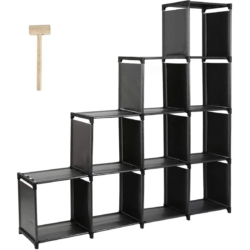 10-Cube Storage Organizer Rack, Staircase Organizer Modular Bookcase, DIY Storage Organizer Closet Shelf, Bookcase in Living Room, Bedroom for Toys and Daily Necessities, Black