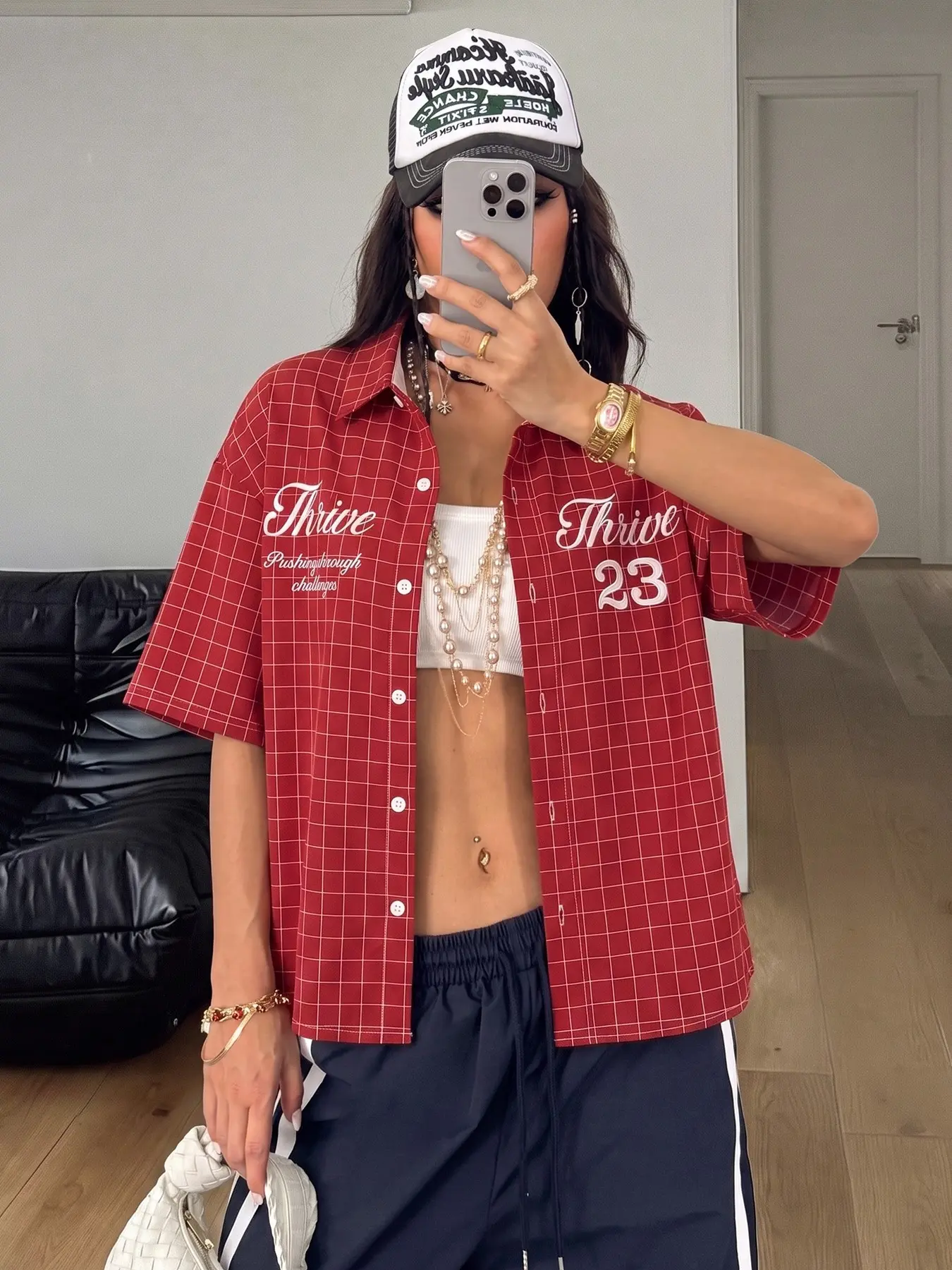 Women Unisex 90s American Retro Streetwear Oversized Lapel Short Sleeve Button Up Shirt Soft Smooth Woven Solid Burgundy Thin White Grid Asymmetric Double Chest Script Thrive 23 Embroidery Graphic Loose Open Shacket Blouse For Campus Cafe Travel Summer Da
