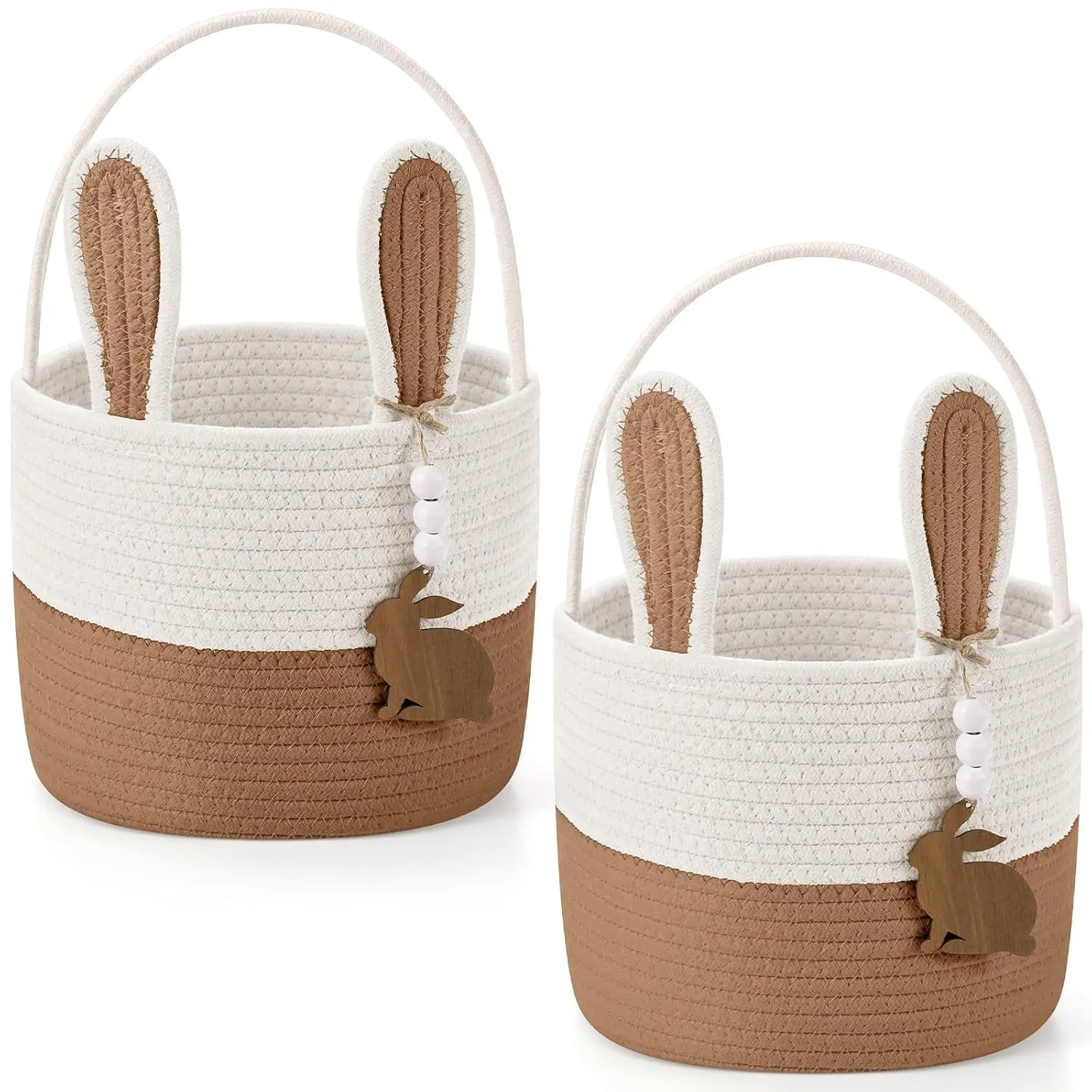 2 Pcs Large Easter Baskets Woven Rope Bunny Basket Unique Easter Basket with Rabbit Wood Name Tags for Egg Hunt Girls Boys Yellow White