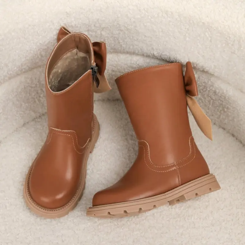 Cross-border hot-selling autumn and winter girls' boots side zipper bow warm high baby boots retro princess boots