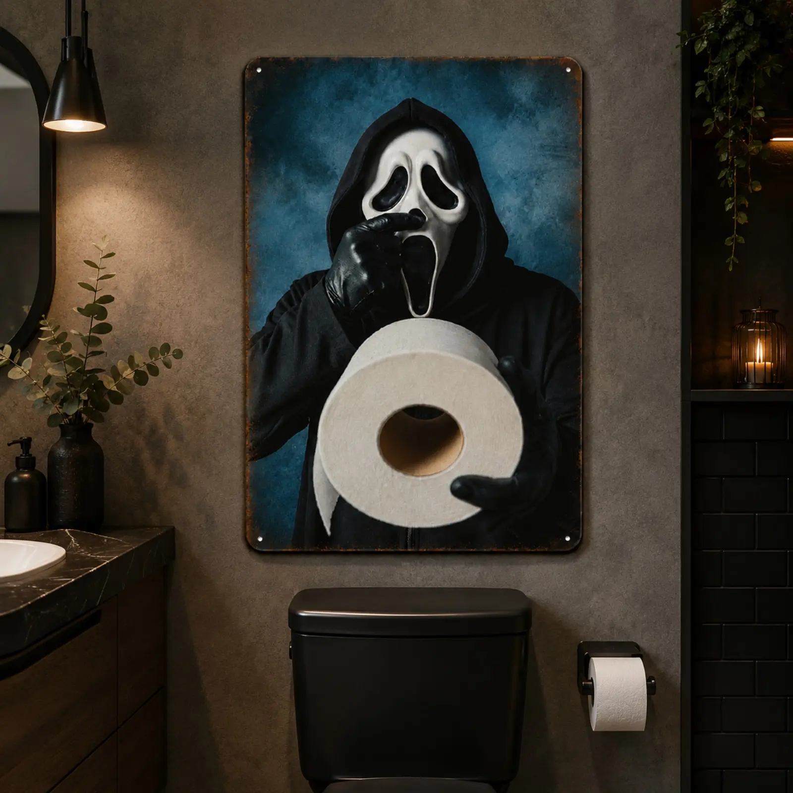 Spooky Funny Ghost Face Tin Toilet Paper Gothic Retro Metal Sign, Halloween House Decor Bathroom Wall Plaque, Durable Rustic Iron Plate Artwork with Pre-Drilled Holes for Easy Mount, Ideal Home Supplies Gift (Tape-Included for Installation)