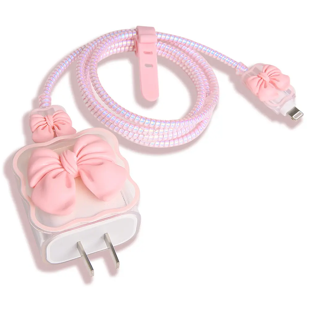 QLD COVER Compatible with iPhone 18W/20W USB-C Charger Cover Cute 3D Bow Tie Design Clear Soft Charger Protector Kawaii Cable Saver for iPhone 11-17 Pro Max Fast Power Adapter