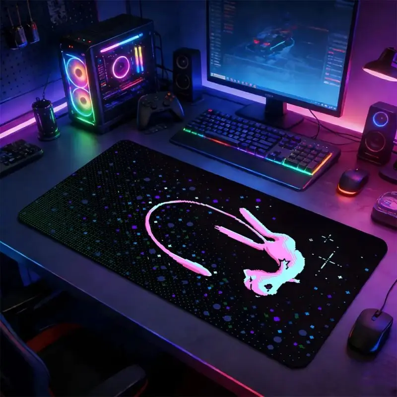 Unisex Large Rectangular Multi-Color Neon Mew Space Pixel Gaming Mousepad - Non-Slip Rubber Base, Stitched Lock Edge Desk Mat, Vibrant Cyberpunk Art, Durable PC Accessory for Gaming Setup, Gamer Stuff Gift for PC Users, Pc Accessories