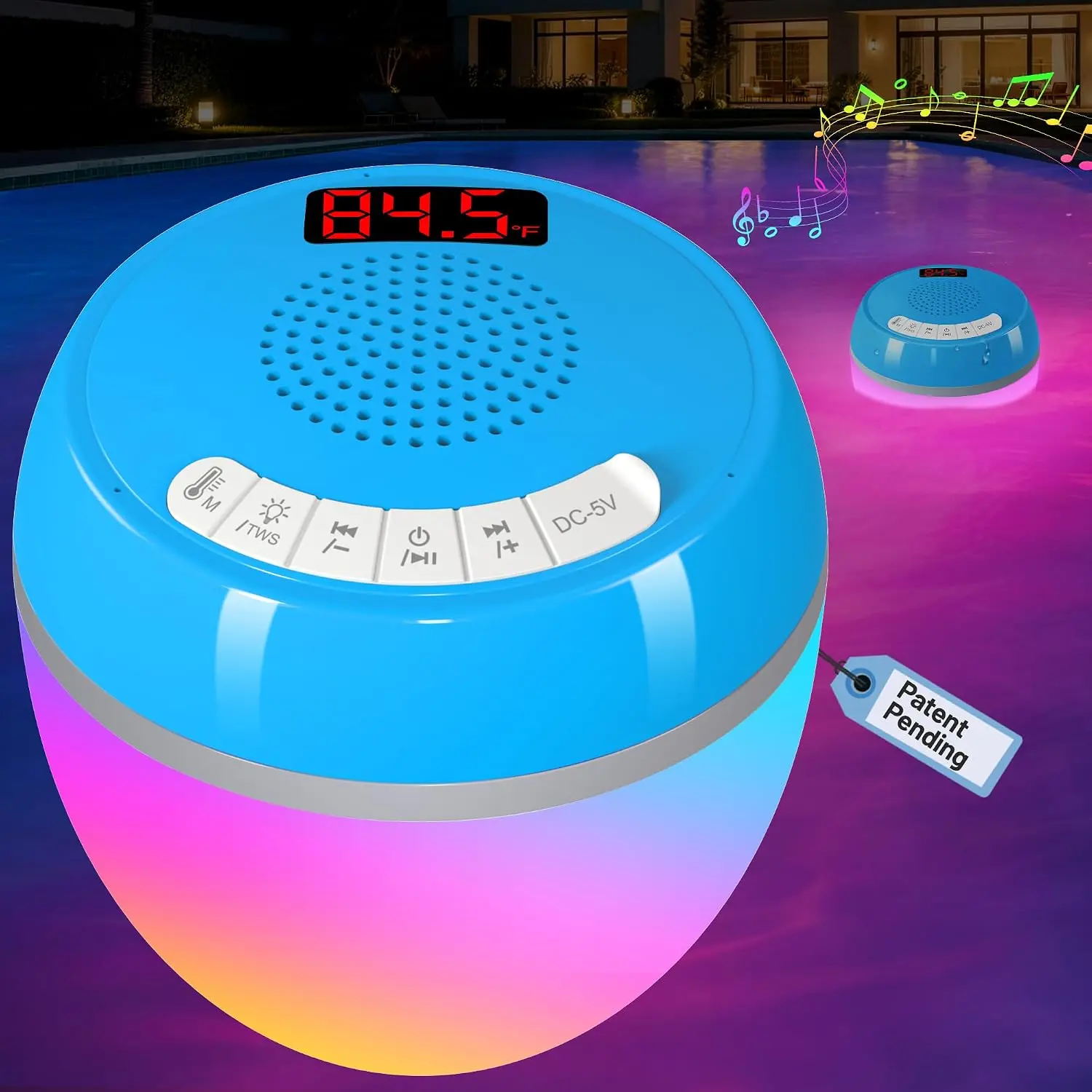 3 in 1 Floating Pool Speaker with Digital Thermometer, Bluetooth Pool Speaker with Colorful Lights, TWS Floating Bluetooth Speaker for Pool IP68 Waterproof, Loud Sound Hot Tub Speakers - Light Blue