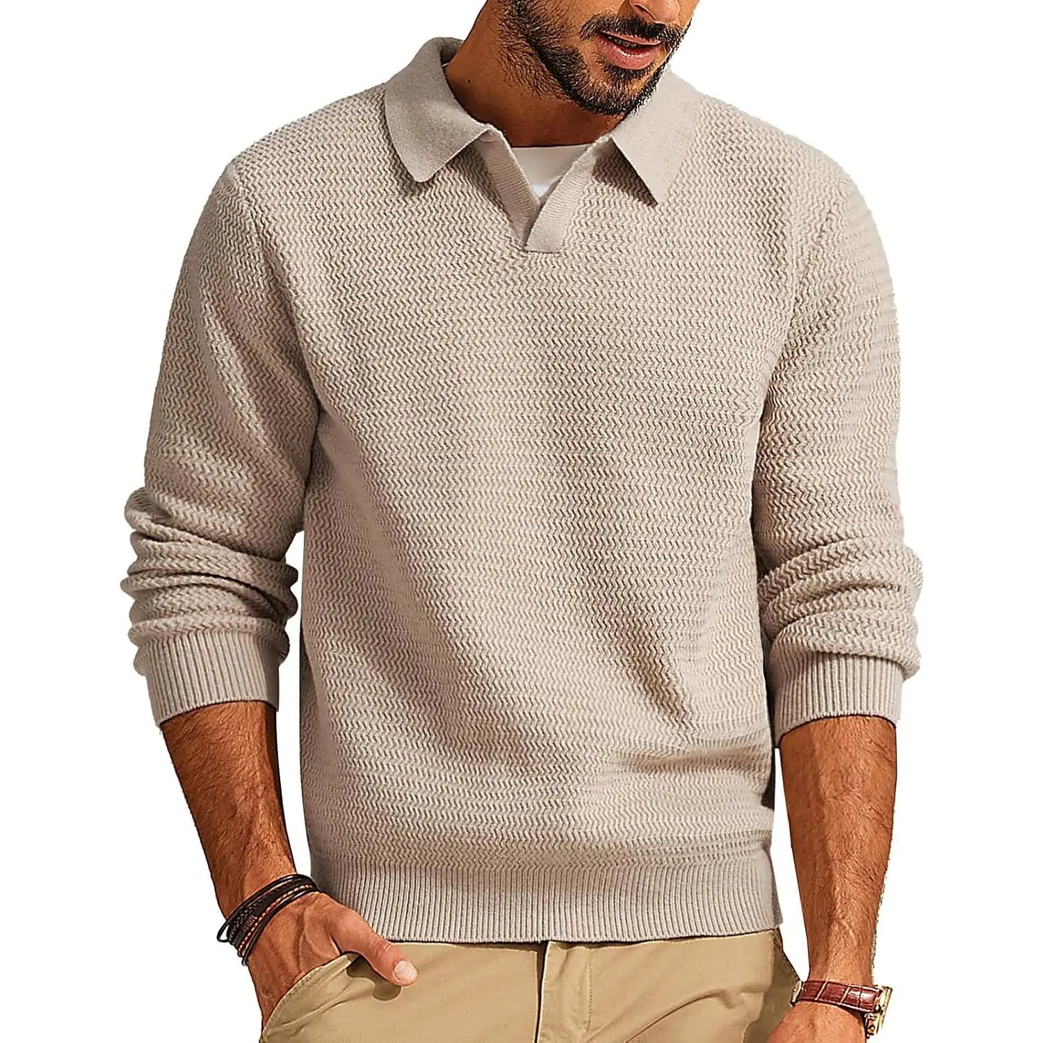 Mens Sweater V Neck Pullover Sweater Long Sleeve Cable Knit Textured Sweater