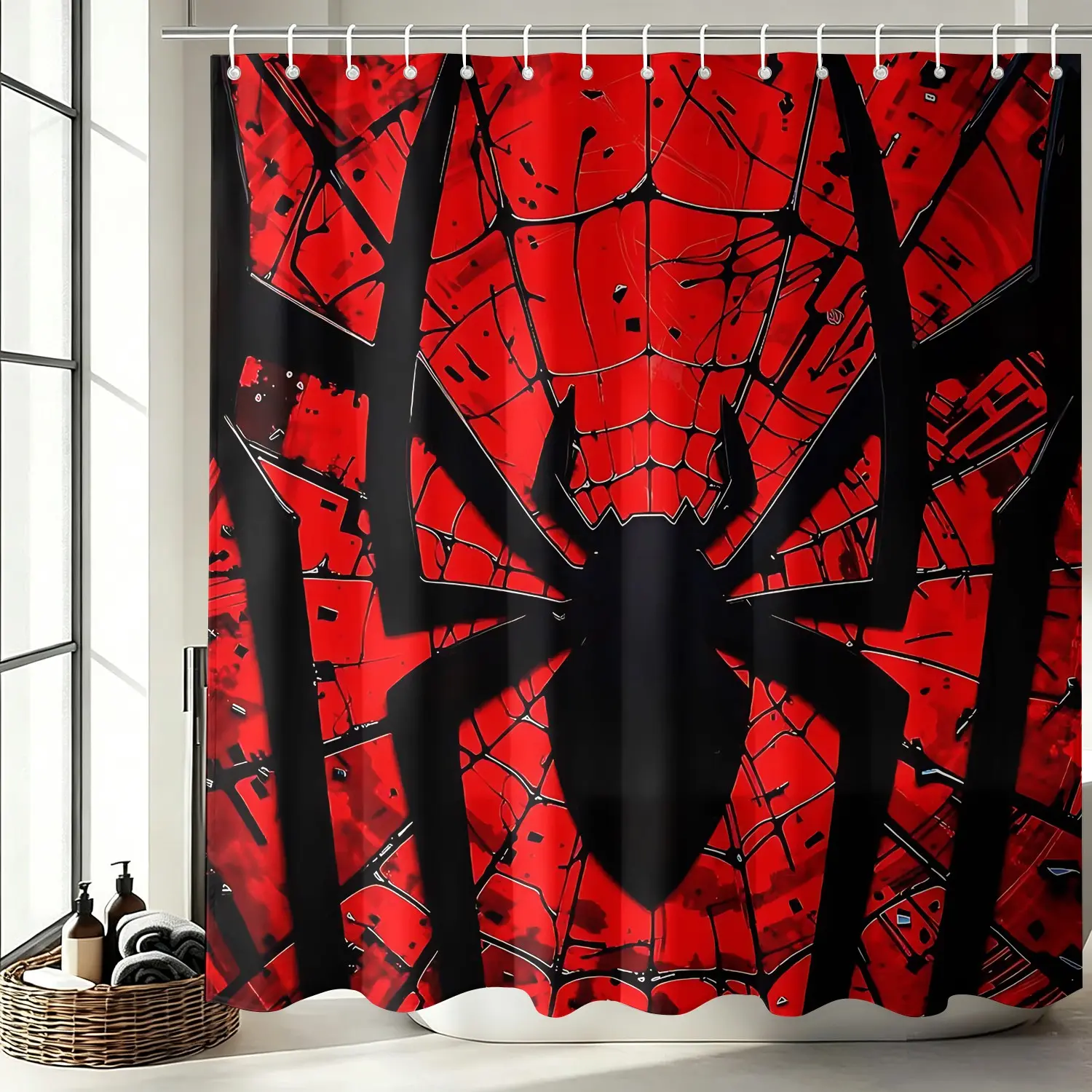 Cool Red Crack Spider Web Waterproof Shower Curtain, Bold Red Cracked Glass Large Black Spider Graphic Bathroom Decor, Stylish Trendy Kids Teen Mens Shower Curtains with Hooks 72X72Inch