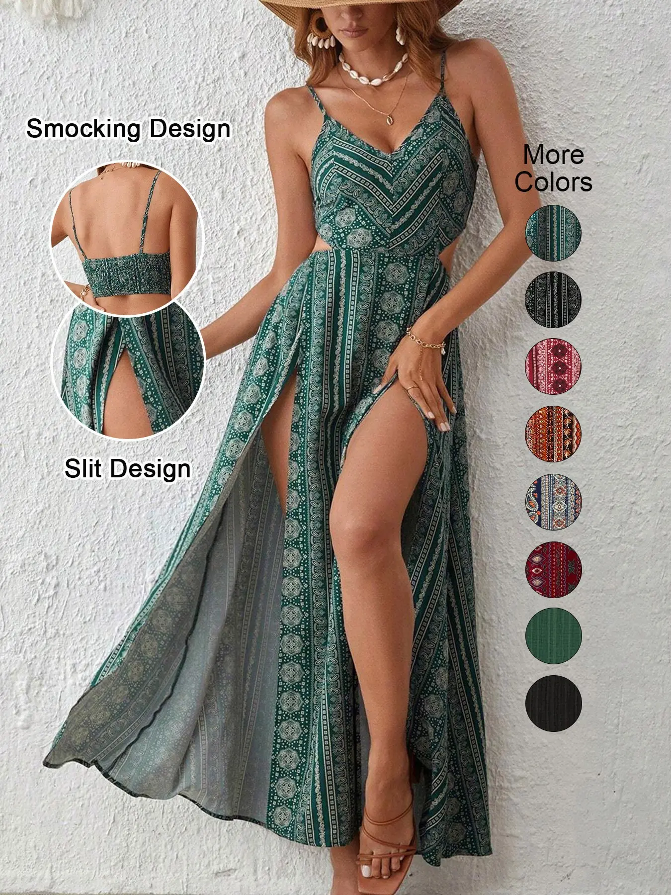 Women's Boho Striped V Neck Backless Dress, Sexy Sleeveless Spaghetti Strap Summer Dress, Casual Bohemian Vacation Wear