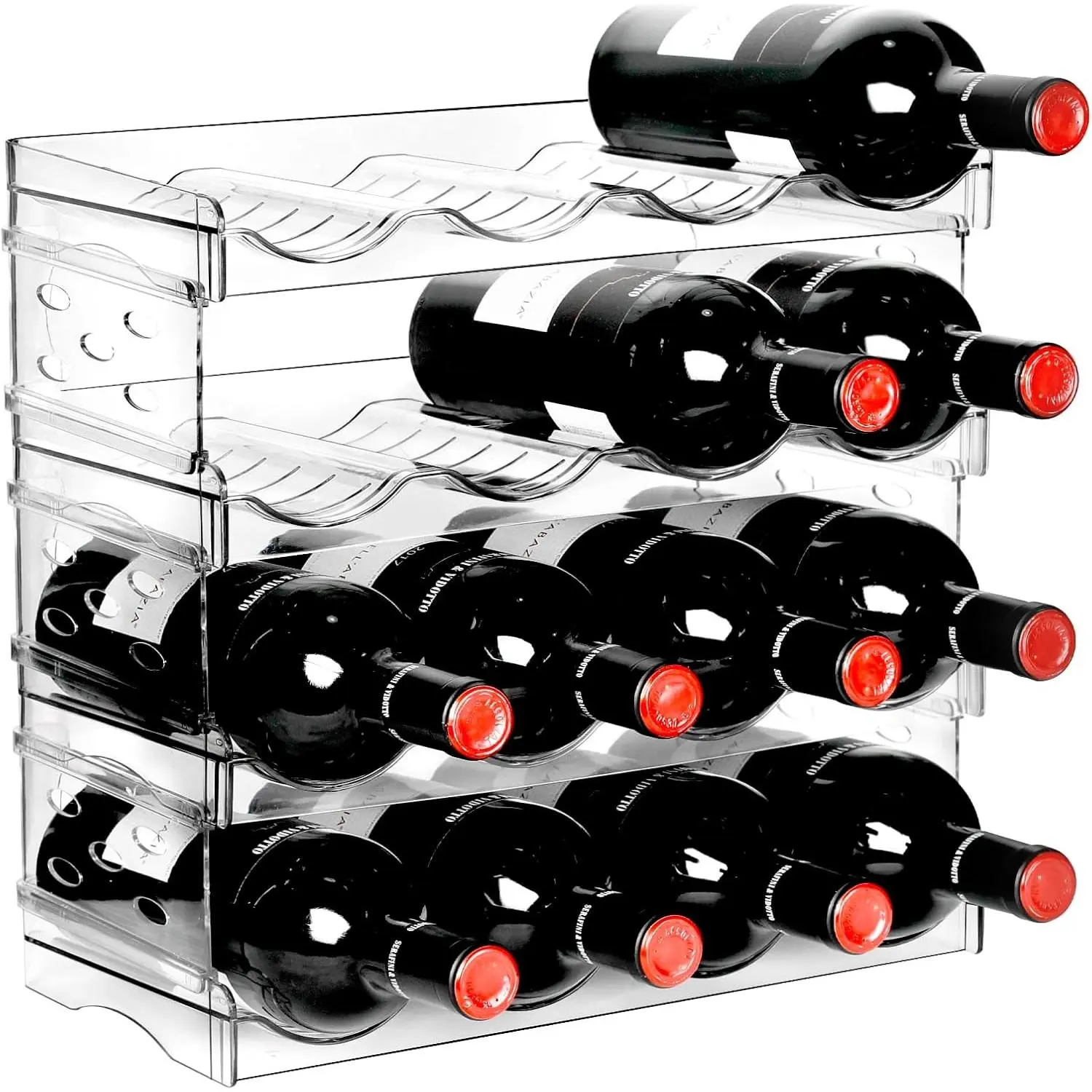 Plastic Water Bottle Organizer and Wine Rack Storage Holder for Inside Cabinet, Kitchen Countertop, Table Top, Pantry, Bars, Cabinets, Fridge - Clear (4 Tier 16 Containers)