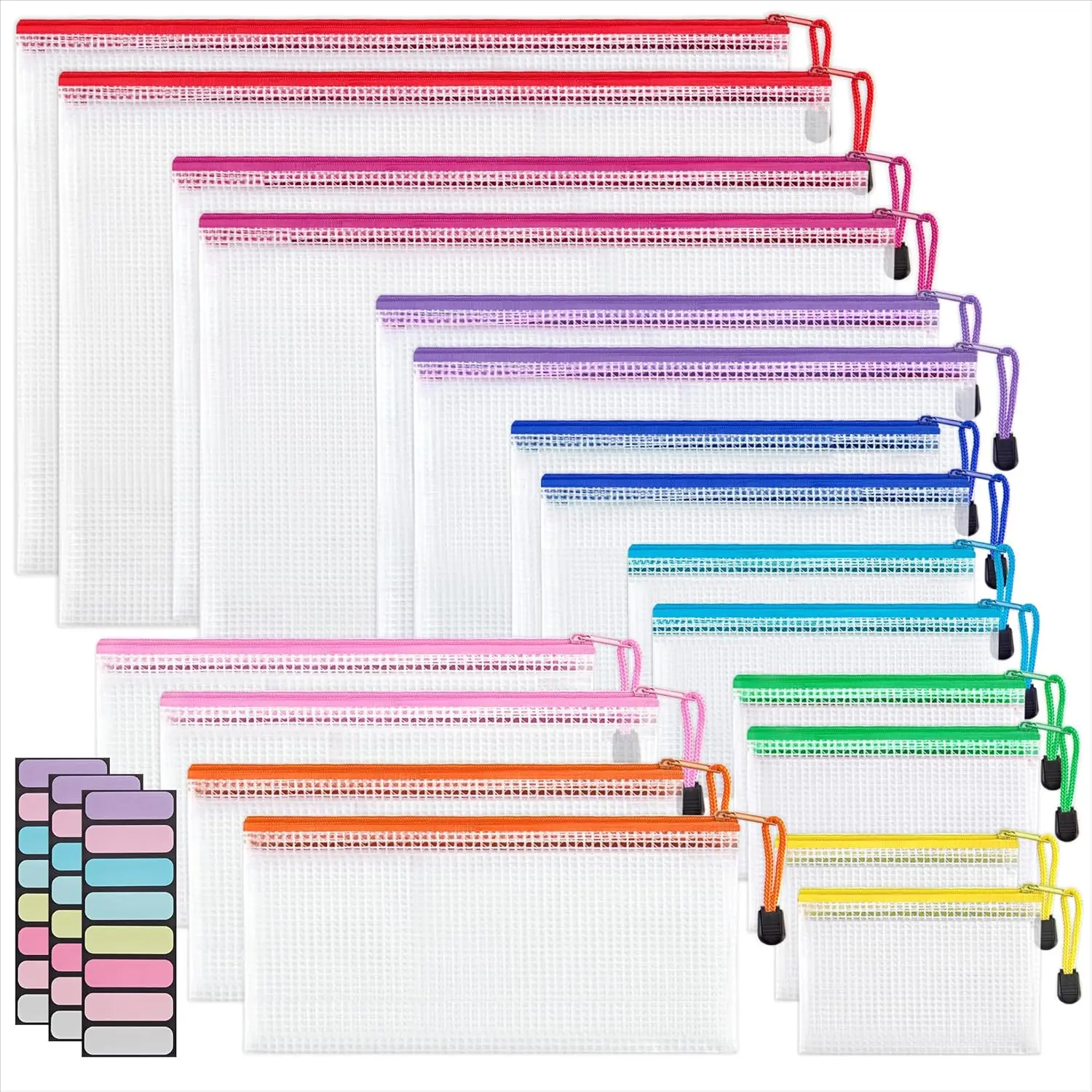 18-Pack Multipack Mesh Pouch (8 Sizes, 9 Colors) - Waterproof Zippered Bags for Baby & Maternity Organization, Office Travel, Document Storage