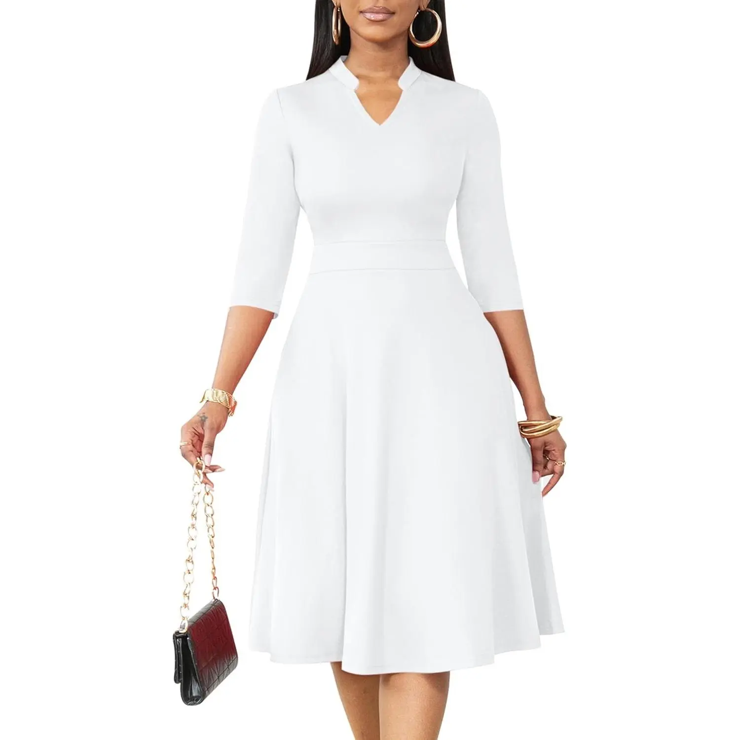 Casual Dresses for Women Semi Formal Fit and Flare 3/4 Sleeve A-line Church Work Dress with Pockets