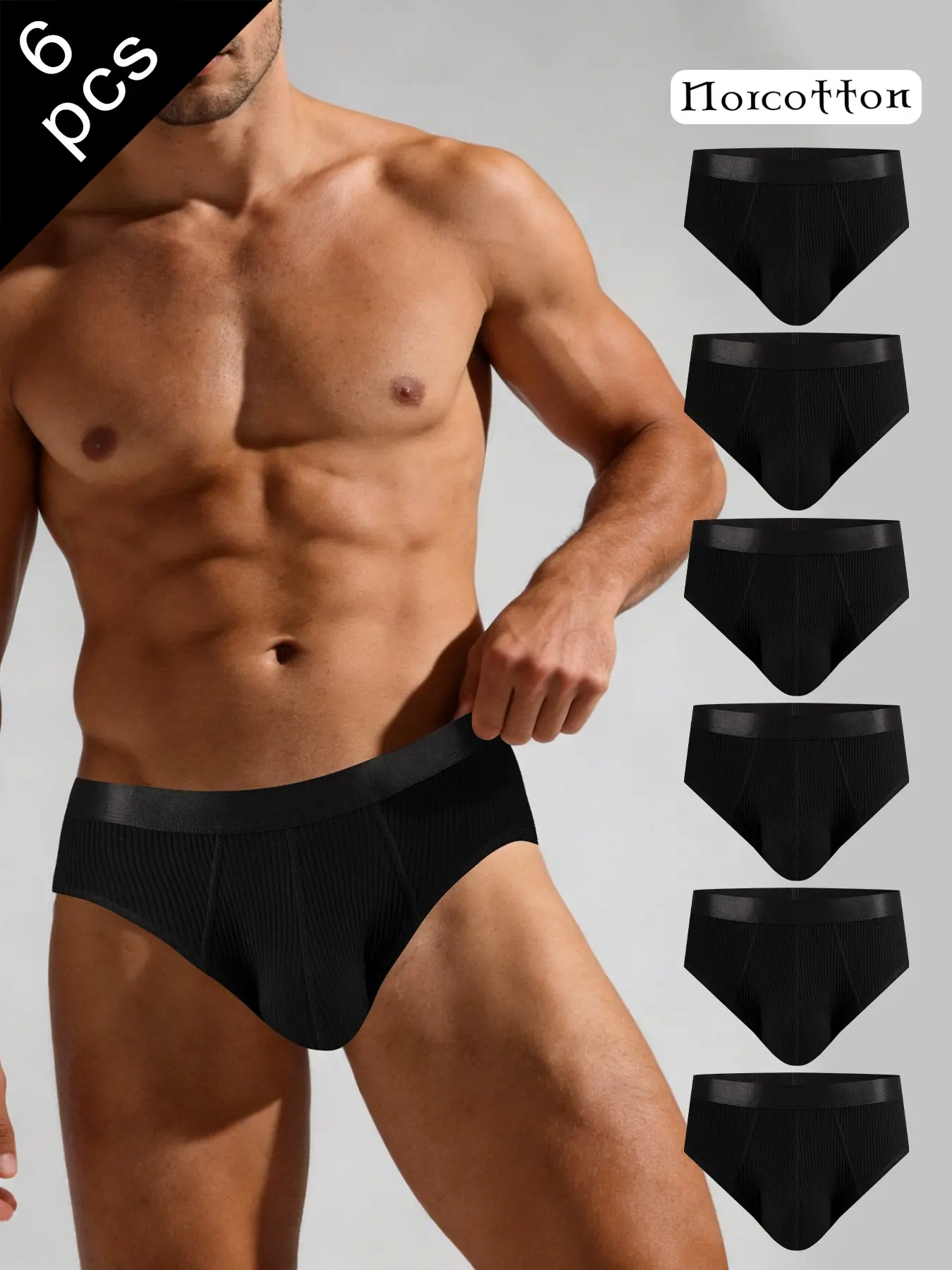 Norcotton 6-Pack Solid Color Men's Triangle Underwear, 3D Groove Ribbed Edge Design, Breathable and Comfortable, Ideal for Daily Wear