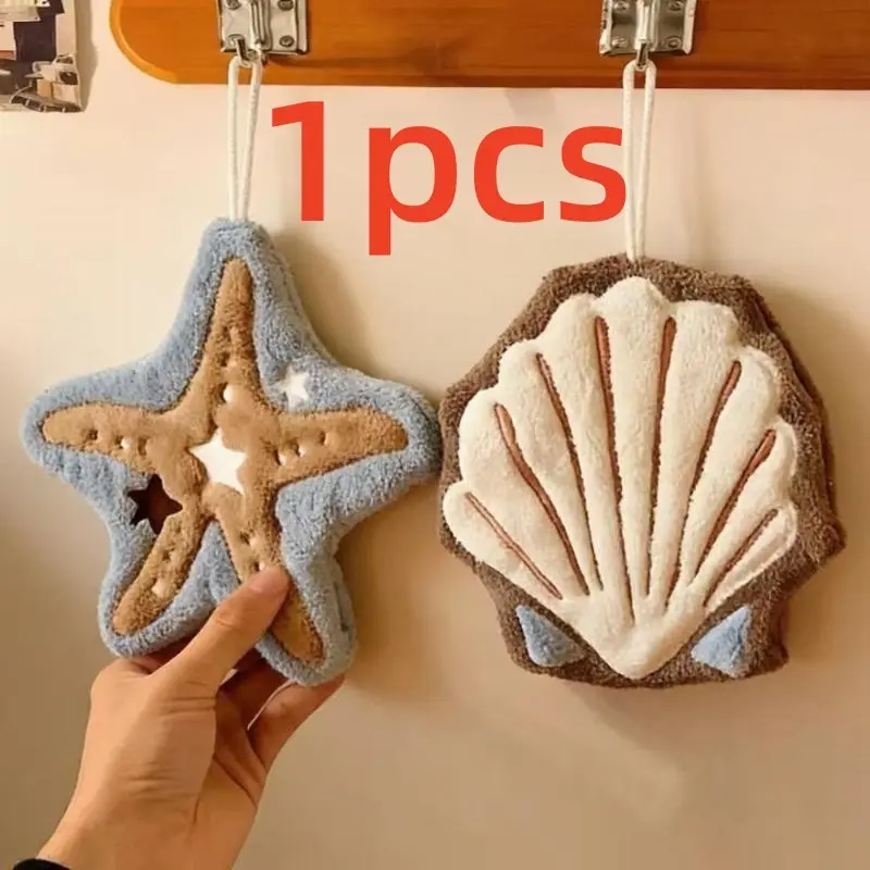 1pcs Set of Cute Ocean-Themed Hanging Hand Towels, Starfish And Shell-Shaped Soft And Absorbent Plush Towels, with Hanging Loops, Decorative Towels for Bathroom And Kitchen