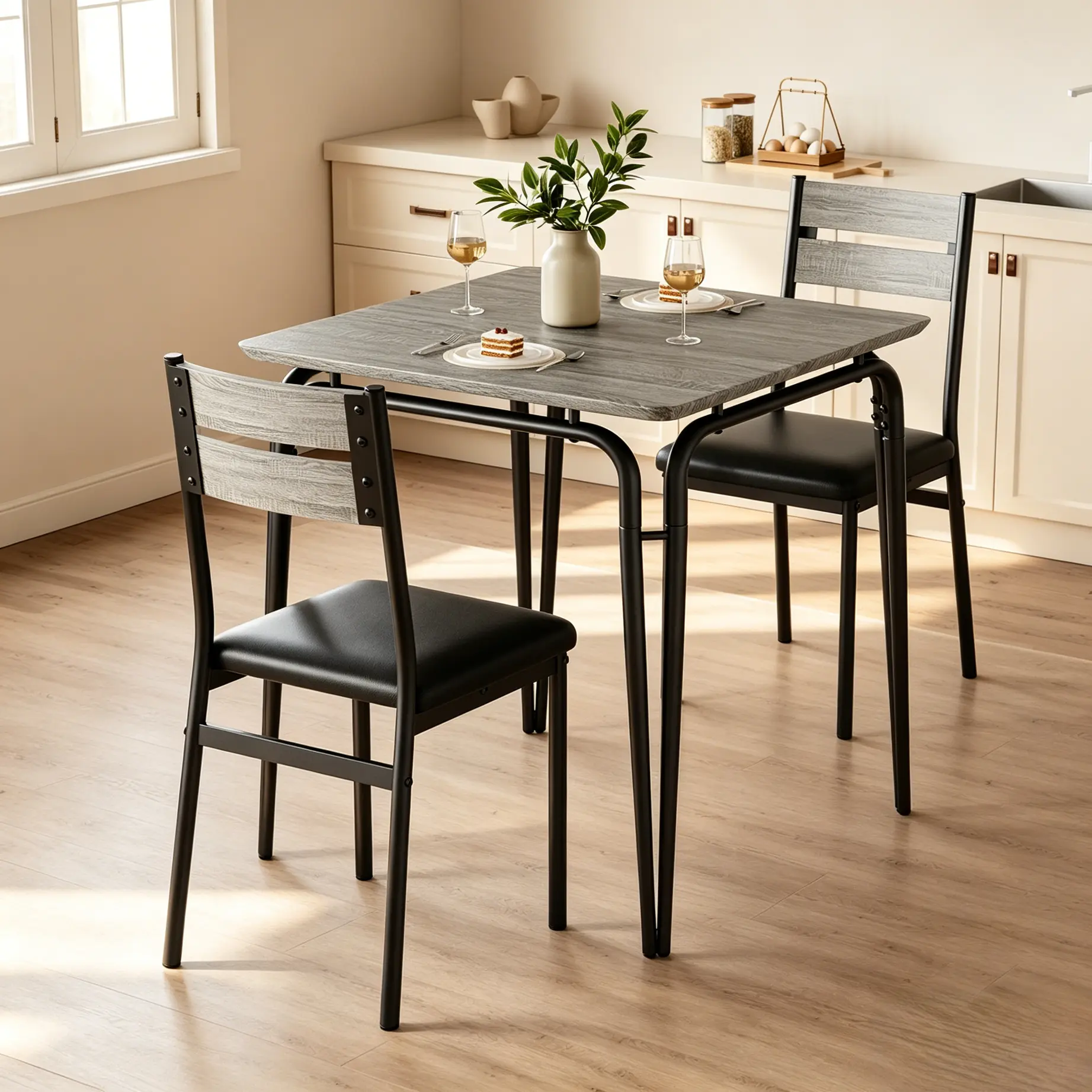 3-Piece Dining Table Set, Space-Saving Kitchen Table and 2 Chairs with Cushioned Seats, Industrial Wood Tabletop and Metal Frame for Small Space, Apartment, Dining Room, Breakfast Nook (Grey)