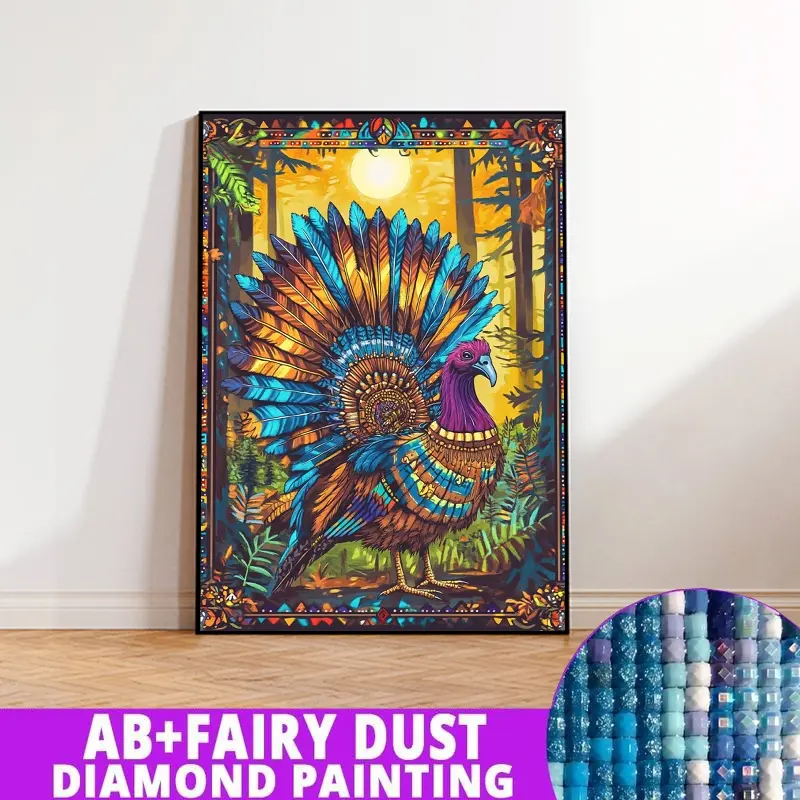 1PC framedless 5D Diamond Painting Kit-Colorful Turkey in Forest Under Sunlight Colorful Turkey in Forest Under Sunlight -Ornament Decorations for Home Resin Diamonds, AB Diamonds & Fairy Dust, Perfect for Adult Diamond Lovers,Holiday Gift, Craft Art