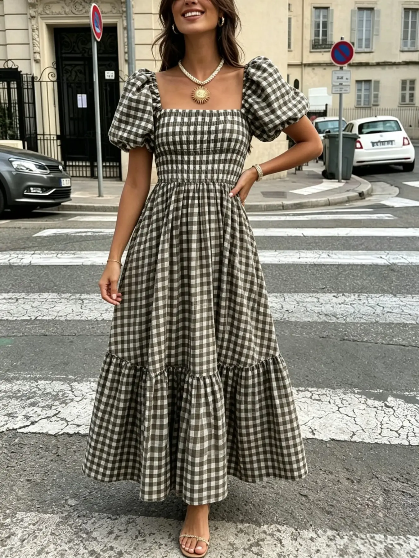 Elegant Plaid Ruffled Hem Boho Feminine Casual Dress for Women, Perfect for Leisure, Dates, Vacations, Coffee Color