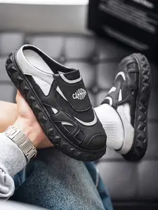 Men's Closed Toe Mesh Mules, Hollow Out Breathable Slip-On Slides, Adjustable Buckle, Wide Strap, Thick Sole, Casual Outdoor Slippers
