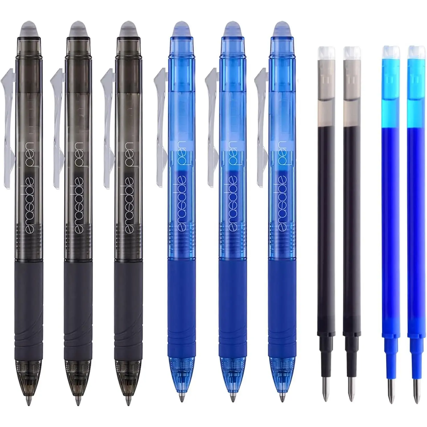 Retractable Erasable Gel Pens Clicker Fine Point 0.7 mm, Make Mistakes Disappear, 3 Black/3 Blue Ink Pens with 4 Bonus Refills for Drawing Writing Journaling and Crossword Puzzles
