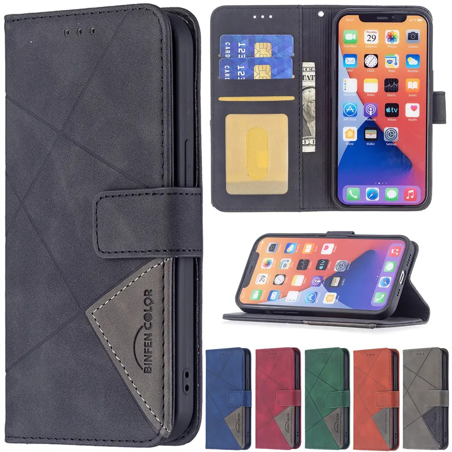 Classic Rhombus Texture Magnetic Flip Folio Leather Casing, Full Protection Wallet Cover with Card Slots, Shockproof Protector Accessory Compatible with iPhone 12, 13 Pro Max, 14, 15 Series