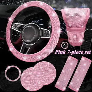 7-Piece Car Interior Diamond Set, Car Accessories, Car Interior Decoration, Car Interior Kit, Girly Car Interior Sets, Includes Steering Wheel Cover, Cup Holder Coasters & Seatbelt Covers, Universal Fit for All Seasons