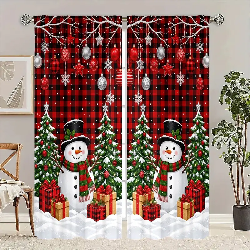 2 pieces of high-definition digital red and black checkered snowman Christmas tree printed decorative curtains, machine washable and hand washable, suitable for Christmas bedroom and living room decoration, home decoration living room curtains