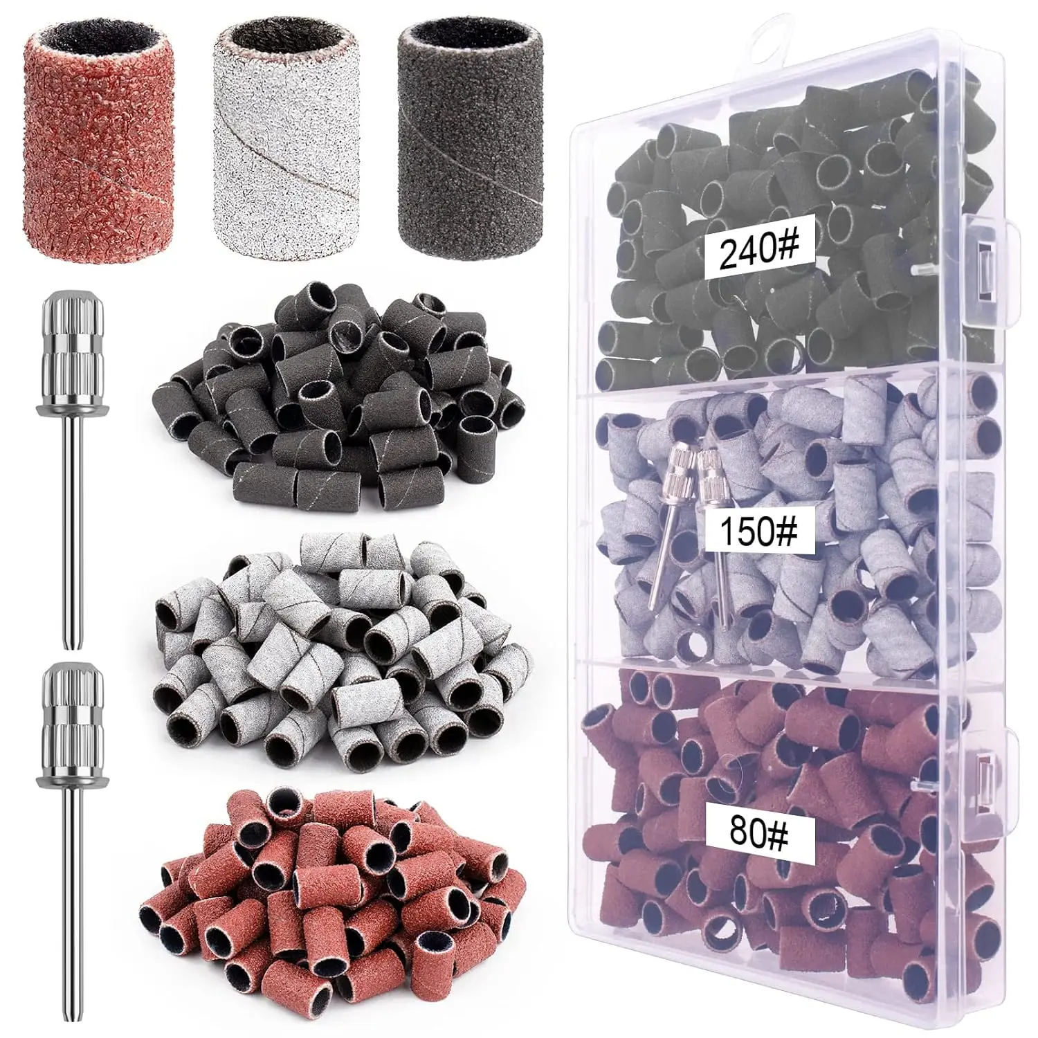 210 count Sanding Bands for  Drill, Coarse Fine #80#150#240 Sanding Bands with 3/32" Mandrel Bit for  Nails Gel Removing Shaping Polishing
